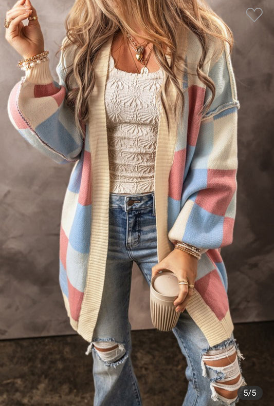 Checkered Open Front Cardigan