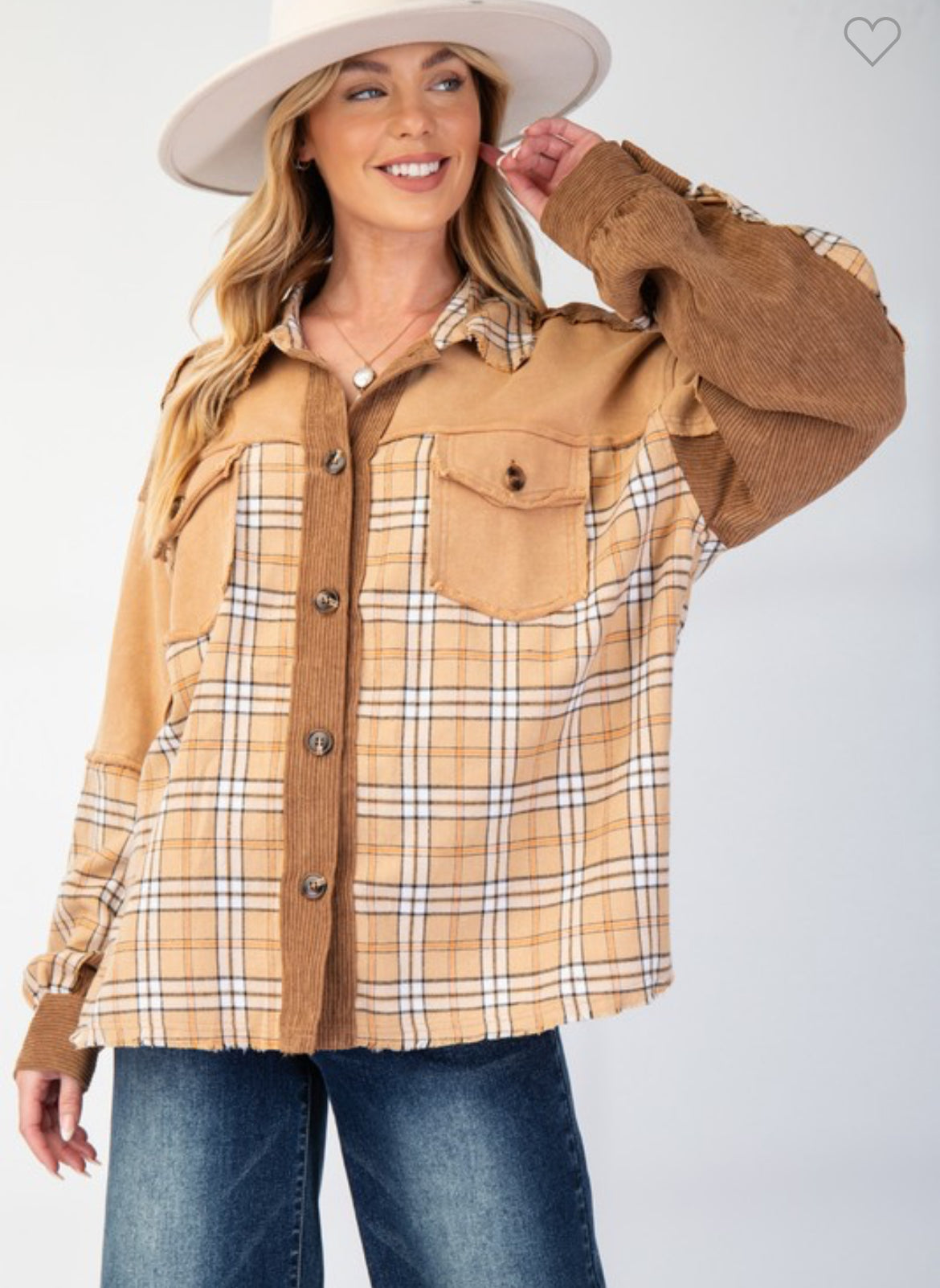 Plaid Mix Corduroy Button Down Shacket