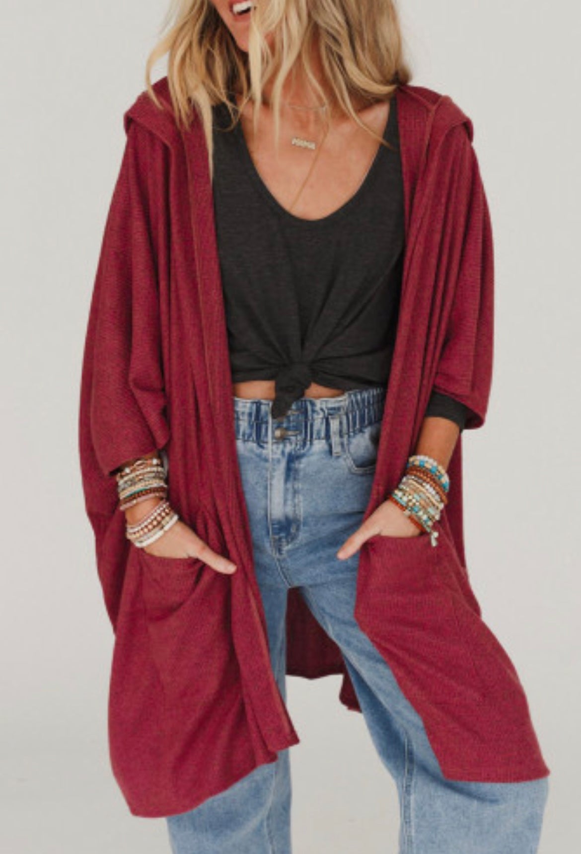 Oversized Red Open Front Cardigan